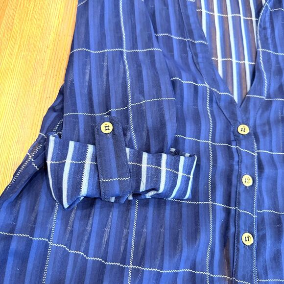 Bebe Blue Plaid Portofino Button Down Blouse Size Medium - Picture 5 of 9